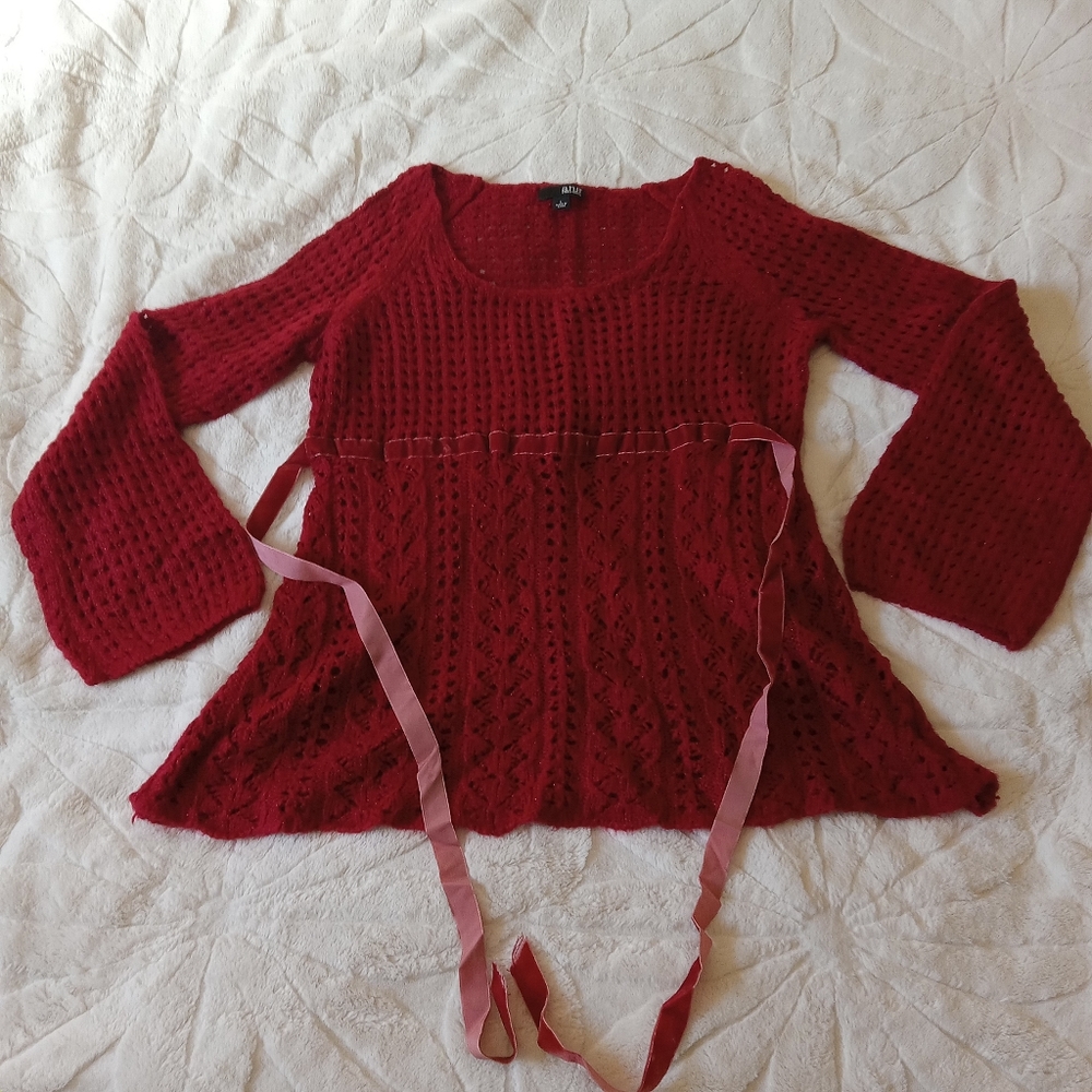 Vintage ANA Red Loose Knit Sweater with Red Ribbon